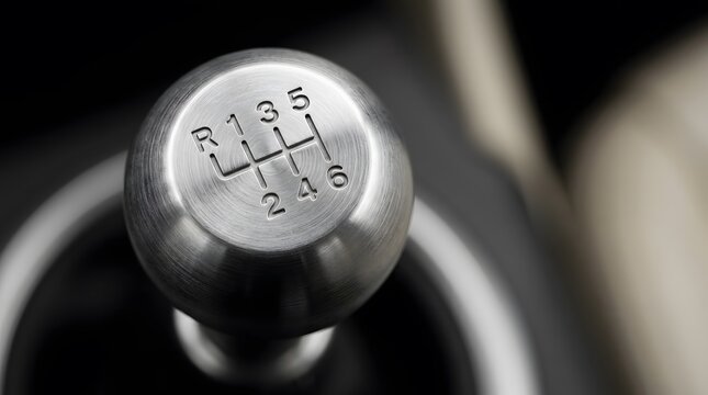 Close Up of a Metal Six Speed Manual Gear Shifter Knob in a Modern Car Interior for Driving Control