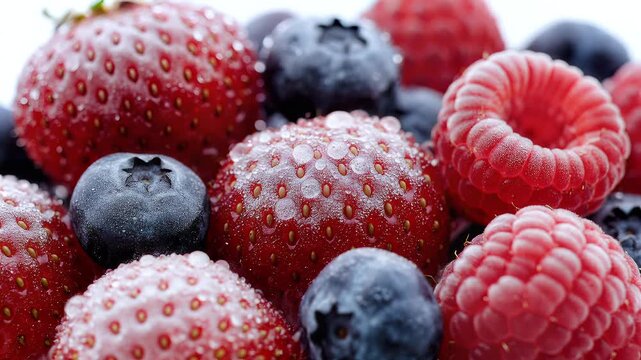 Close-up of fresh strawberries, raspberries, and blueberries against a white background