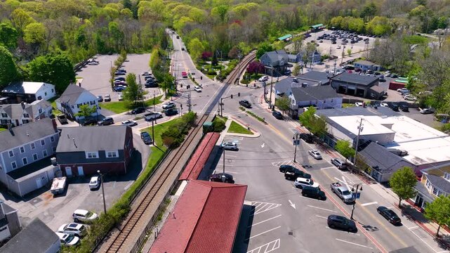 North Scituate historic village center aerial view on Country Way at Gannett Road in spring, town of Scituate, Massachusetts MA, USA. 