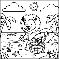 Bold and Easy Lion Coloring Page - Cozy Moment Cute Kawaii Wild Animal Minimalist Line Art Vector Illustration for Adults and Kids Relaxing Activity Book Asset © Rs