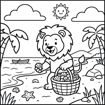 Bold and Easy Lion Coloring Page - Cozy Moment Cute Kawaii Wild Animal Minimalist Line Art Vector Illustration for Adults and Kids Relaxing Activity Book Asset