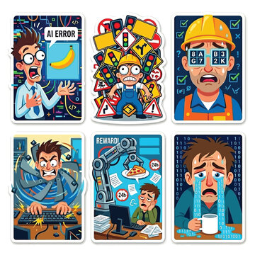 Set Of 6 AI Data Labeler Stickers Flat Vector Art Illustrating Digital Labor Burnout CAPTCHA Confusion And Modern Tech Industry Struggles For International May Day Holiday Promotion
