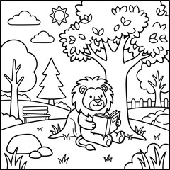 Bold and Easy Lion Coloring Page - Cozy Moment Cute Kawaii Wild Animal Minimalist Line Art Vector Illustration for Adults and Kids Relaxing Activity Book Asset © Rs