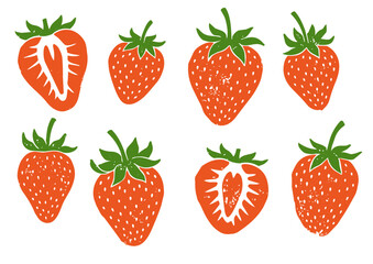 Block print style strawberry fruit illustration, hand carved etched berry with leaves ／ 版画風の苺 © BN studio