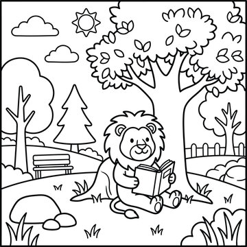 Bold and Easy Lion Coloring Page - Cozy Moment Cute Kawaii Wild Animal Minimalist Line Art Vector Illustration for Adults and Kids Relaxing Activity Book Asset
