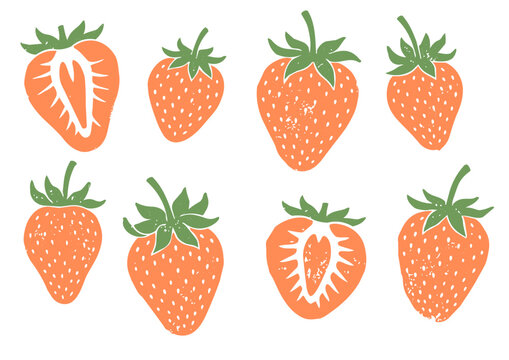 Block print style strawberry fruit illustration, hand carved etched berry with leaves ／ 版画風の苺