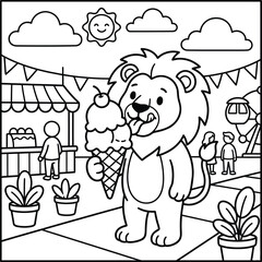 Bold and Easy Lion Coloring Page - Cozy Moment Cute Kawaii Wild Animal Minimalist Line Art Vector Illustration for Adults and Kids Relaxing Activity Book Asset © Rs