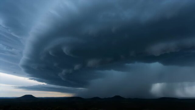 A formidable supercell storm cloud unleashes torrents of rain over a vast, darkened plain, a captivating and powerful display of nature's dramatic weather phenomena