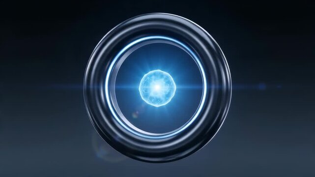 Abstract 3D motion graphic of a glossy dark metallic torus ring rotating in mid-air with a bright glowing blue energy core emitting soft light rays