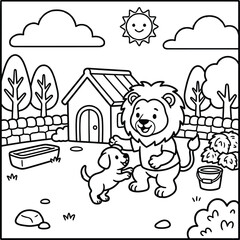 Bold and Easy Lion Coloring Page - Cozy Moment Cute Kawaii Wild Animal Minimalist Line Art Vector Illustration for Adults and Kids Relaxing Activity Book Asset © Rs
