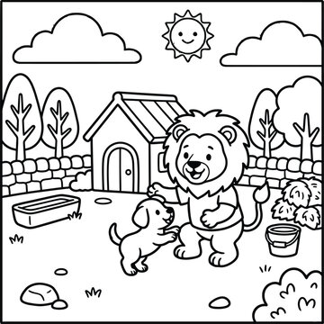 Bold and Easy Lion Coloring Page - Cozy Moment Cute Kawaii Wild Animal Minimalist Line Art Vector Illustration for Adults and Kids Relaxing Activity Book Asset