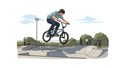 Naklejka premium BMX rider performing mid air jump trick at a skatepark illustration