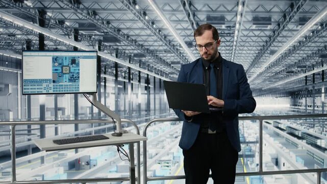 Man in microchip production plant thinking how to innovate engineering process. Management executive working to increase semiconductor quality assurance standards, camera A