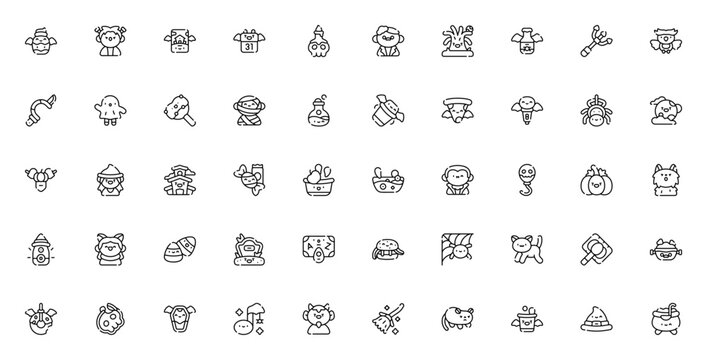 Halloween Party icon set. Vector illustration pack with pumpkin, ghost, witch, skull, vampire, candy, bat and more spooky symbols.