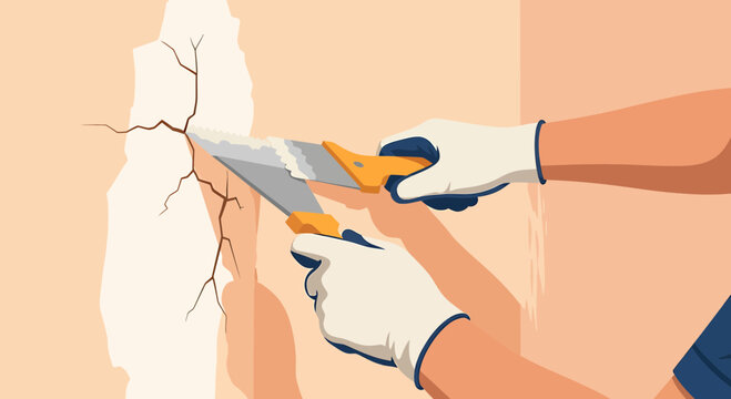 Handyman Repairing Wall Crack with Putty Knife Vector Illustration