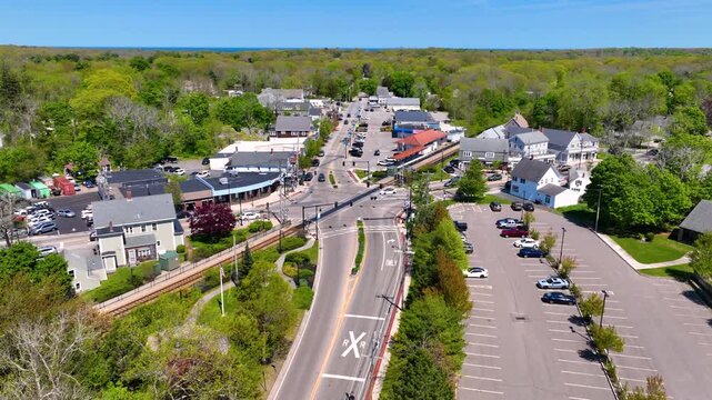 North Scituate historic village center aerial view on Country Way at Gannett Road in spring, town of Scituate, Massachusetts MA, USA. 