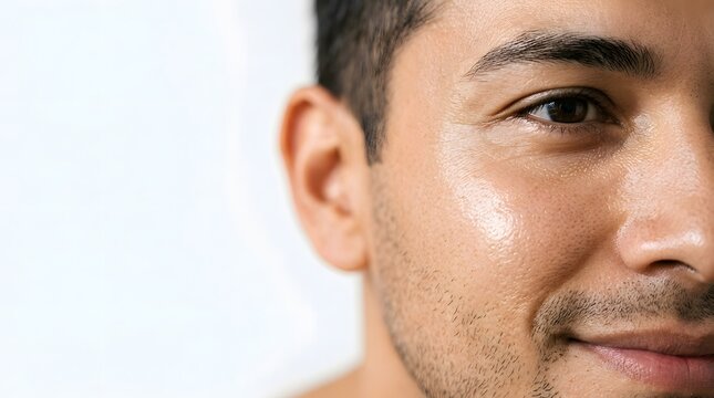 Close up of handsome man face with clean hydrated skin and slight smile on white background with copy space