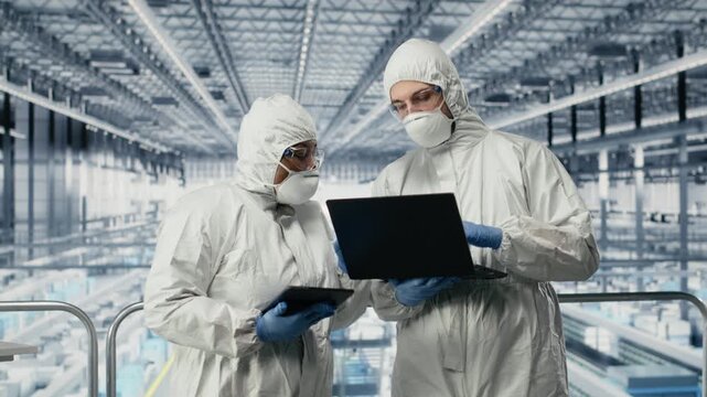 Engineers monitoring microelectronics smart factory workflow using EDA software on display. Professionals use simulation application tracking microchip production circuit layout defects