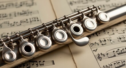 Fototapeta premium Flute Instrument Music Sheet Closeup.