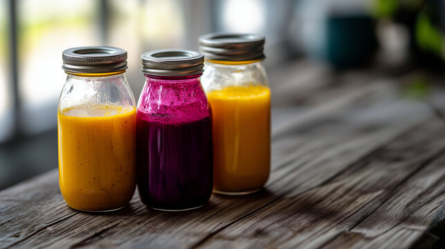 Extractos y jugos naturales org&aacute;nicos de remolacha, c&uacute;rcuma, moras, ar&aacute;ndanos, naranja, mandarina, azafr&aacute;n y paprika en frascos de vidrio con tapa de metal