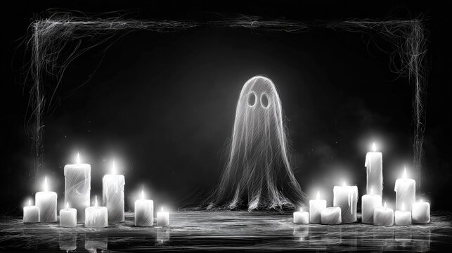 Uncertainty and Fear Haunt the Scene as a Ghostly Figure Stands Amidst Lit Candles in a Dark, Eerie Atmosphere