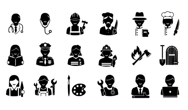 Black silhouette professions and tools icon set with workers job roles and equipment collection vector