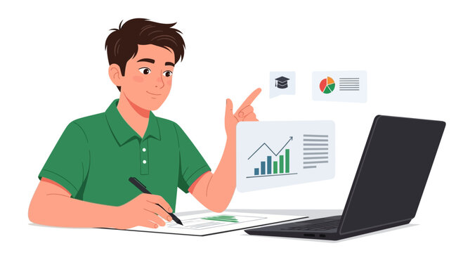 Young man studying online with laptop and charts, learning and analyzing data