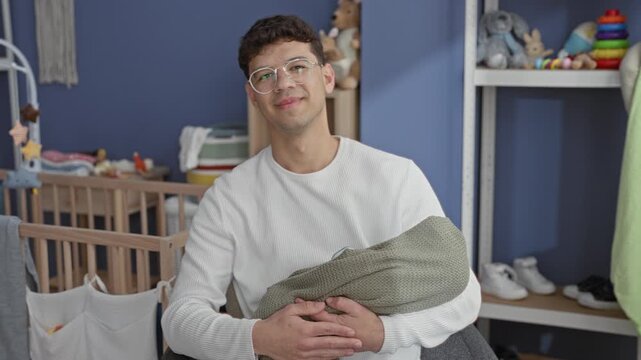 Man cradling baby in nursery building, holding swaddled infant with hands on blanket; tenderness new parenthood.