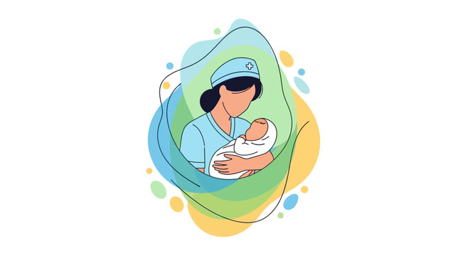 Stylized vector art celebrating International Midwives' Day depicts a midwife tenderly cradling a newborn baby against an abstract background with flowing green and blue shapes