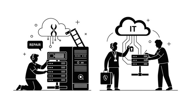 IT Support and Server Maintenance Cloud Computing Vector Illustration