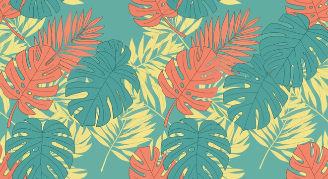 Vibrant tropical leaves seamless pattern, a perfect summer holiday background template for exotic designs