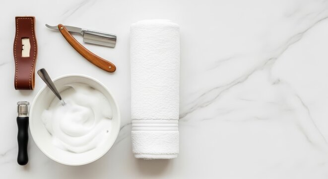 Shaving cream and razor on marble.