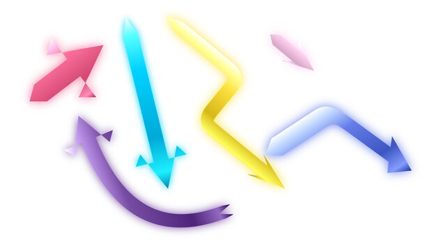 PNG image of Vibrant 3D glowing arrows set, colorful neon directional pointers, abstract glossy curved and zigzag arrow icons for business presentations isolated on Transparent Background