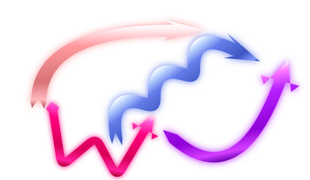 PNG image of Abstract glowing arrows in neon pink and blue, dynamic curved arrow set for business data visualization, colorful wavy directional pointers isolated on Transparent Background