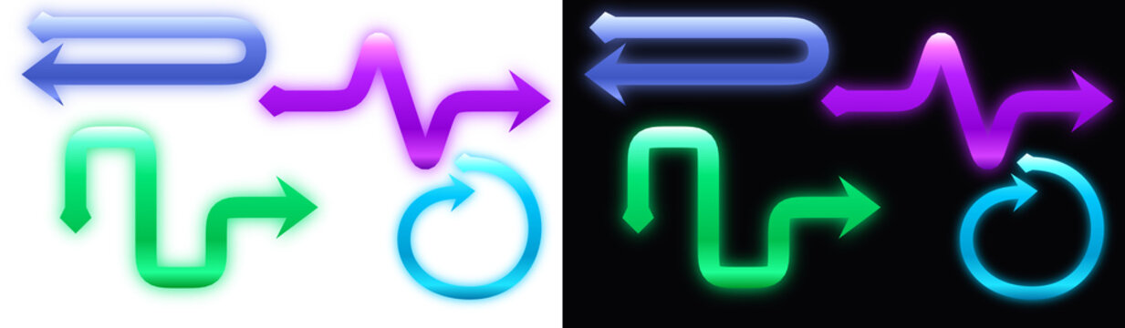 PNG image of Neon glowing arrows set, vibrant colorful directional pointers, futuristic light effect arrow icons for navigation and interface design isolated on Transparent Background