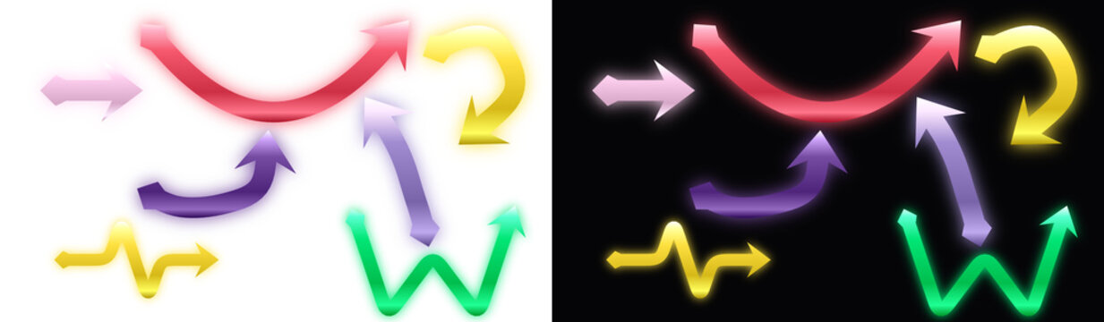 PNG image of Glowing neon arrow set with colorful light effects, vibrant curved and wavy directional pointers, luminous digital navigation icons for UI design isolated on Transparent Background