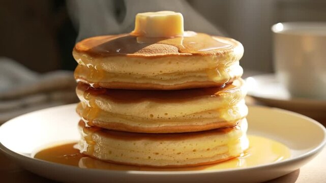 Stack of pancakes with syrup and butter