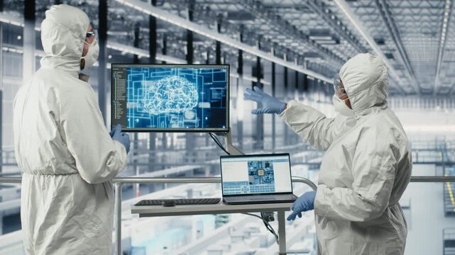 Isolated screen tablet and AI used by microchip factory worker developing advanced electronics. Scientist using chroma key device and artificial intelligence to optimize semiconductor design, camera B