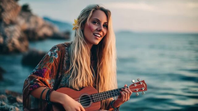 Woman playing ukulele at a beach