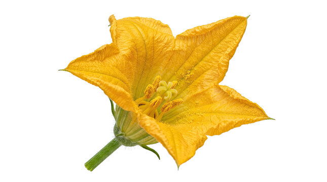 Yellow squash blossom close up on white background