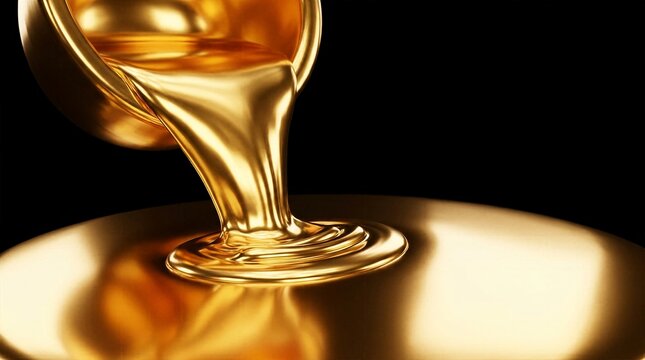 Molten liquid gold pouring from a bowl onto a shiny golden surface on black background for wealth luxury and financial success concept