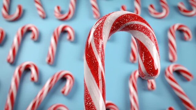 Candy canes scattered on blue background