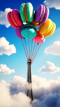 Macaron balloons float above Eiffel Tower