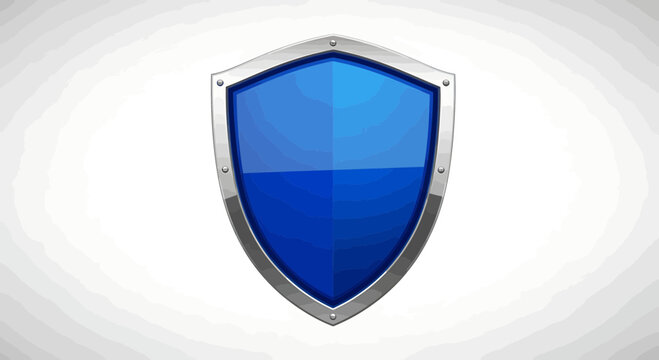 Glossy blue security shield icon with silver metal frame vector