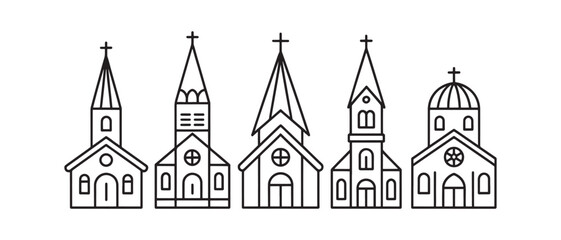Fototapeta premium Church building icon set with religious architecture and spiritual worship concept