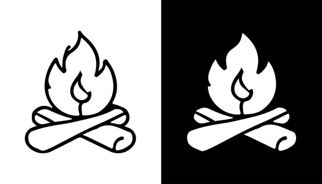 Campfire Emblem: A simple yet evocative illustration of a campfire, a symbol of warmth, adventure, and the primal allure of nature, rendered in minimalist style. 