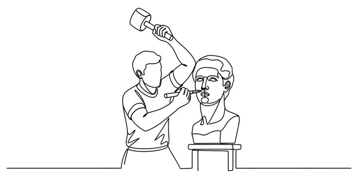 A line art drawing showing a sculptor carefully carving a classical statue bust with a hammer