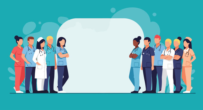 Large Multicultural Group of Professional Nurses and Doctors Standing Together for International Nurses Day Banner in Flat Vector Style