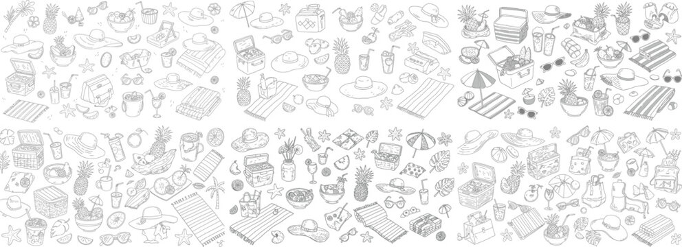Colorful summer-themed vector illustrations featuring various beach accessories, fruits, and refreshments.