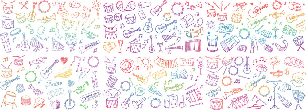 Colorful musical instruments and notes in a vibrant illustration, perfect for music lovers.